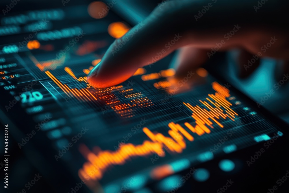 Poster close-up of a finger interacting with a stock chart on a phone screen, showing the dynamics of the m