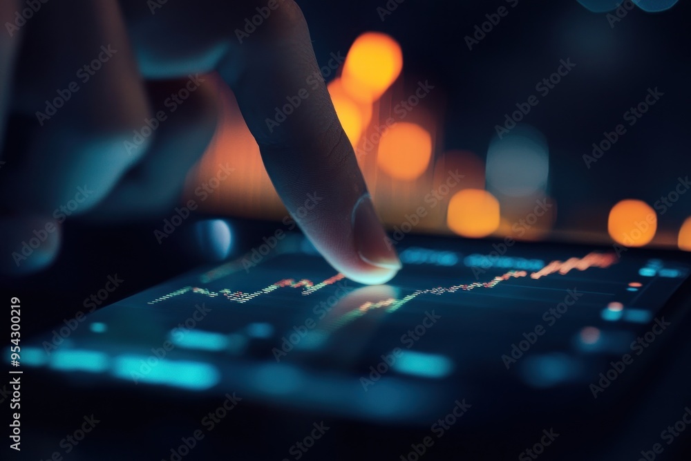 Poster close up of a hand interacting with a smartphone displaying a stock chart