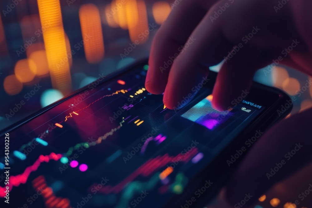 Poster close-up of a hand interacting with a smartphone displaying financial data