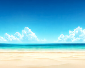 Fototapeta premium Serene beach with golden sand, blue ocean waves, and fluffy clouds under a clear sky, perfect for a tranquil summer getaway.