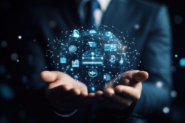 Businessman Holding Digital Globe with Data Icons