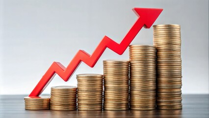 Stack of coins with a red downward arrow, illustrating the effect of falling interest rates on savings Interest rate symbol breaking apart as it descends, symbolizing financial uncertainty