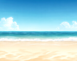 Fototapeta premium Tranquil beach scene with golden sand and clear blue ocean under a sunny sky with fluffy clouds, perfect for a peaceful summertime getaway.