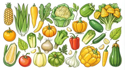 手書き風シンプルな野菜のイラストセット　やさい　かわいい　食べ物　緑黄色野菜　食材　農業　農作物