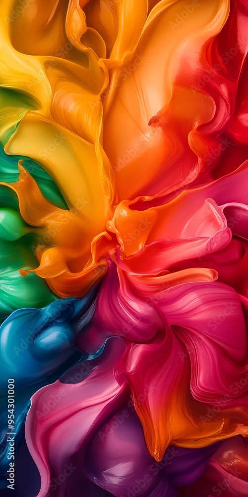 Poster vibrant abstract painting with swirling colors in a rainbow spectrum, creating a vivid and dynamic v