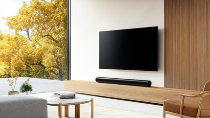 Fototapeta premium Modern living room featuring high end soundbar, sleek TV, and stylish decor. warm autumn view through window adds cozy touch.