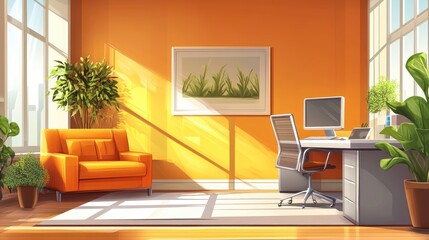 Sunlit Modern Office Space with Orange Accents for Productivity and Comfort