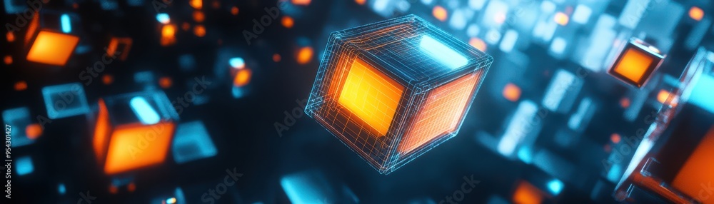 Poster Colorful abstract cubes illuminated in a futuristic digital space, creating a mesmerizing visual effect of technology and innovation.