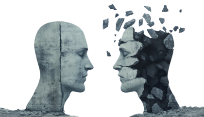 Conceptual image of two stone faces, one disintegrating, symbolizing human fragility, mental health, and identity crisis.