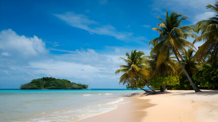 Tropical Beach with Palm Trees and Island