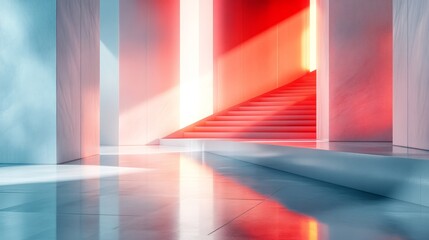 Red Staircase and Blue Floor in a Minimalist Architecture
