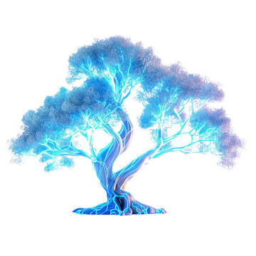 A vibrant, glowing fantasy tree with electric blue hues and magical ambiance.