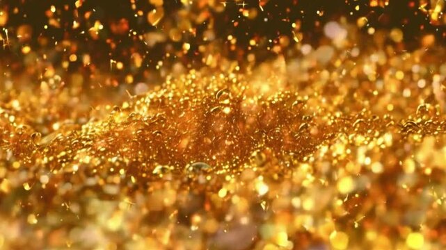 Glittering Gold Particles Flowing in a Viscous Liquid Looking Like Rain Of Golden Particals