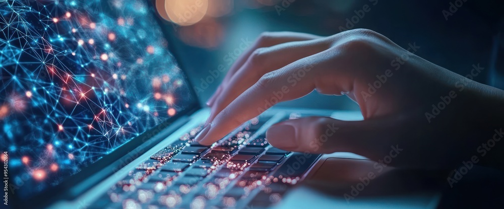 Poster closeup of a hand typing on a laptop with network data displayed
