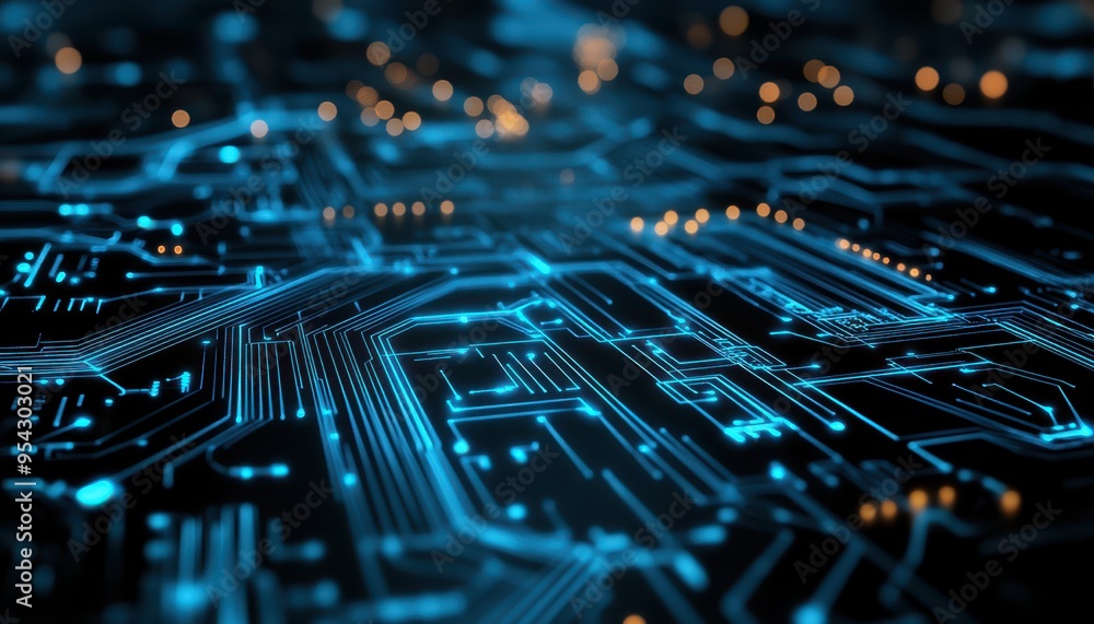 Aufkleber futuristic abstract circuit board design in blue tones, featuring glowing lines and nodes. perfect f