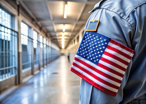 American flag worn on uniform sleeve of correctional officer, symbolizing patriotism and service in law enforcement, against a blurred background of prison or jail setting.