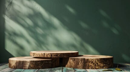 Obraz premium Elegant Empty Wooden Podium on Sage Green Background - Professional Minimalist Stage for Presentations