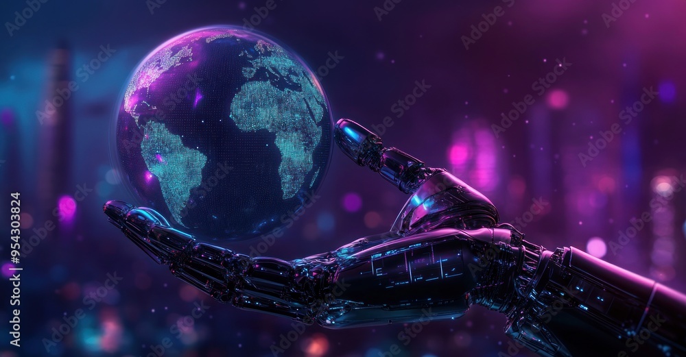 Canvas Prints Robot Hand Holding the Earth with a Neon Cityscape in the Background