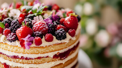 Close-up of a Naked Cake, highlighting the exposed cake layers and natural toppings
