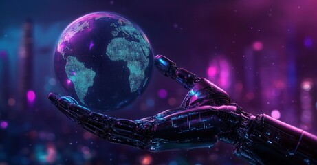 Fototapeta premium Robot Hand Holding the Earth with a Neon Cityscape in the Background