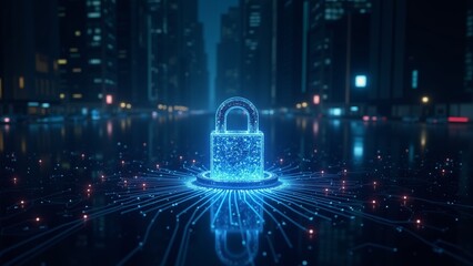 Obraz premium Cybersecurity Cityscape - Digital Protection Network, Futuristic cityscape at night with a glowing padlock symbolizing cybersecurity and data protection. A network of luminous lines and dots surround.