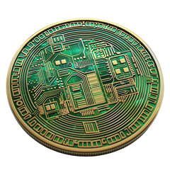Close-up of a digital cryptocurrency coin with intricate circuit design, symbolizing blockchain technology and digital currency.