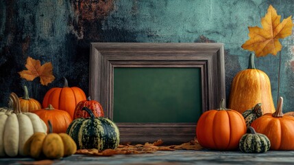A composition featuring pumpkins and a wooden frame on a table, set for Thanksgiving, with ample copy space for design preparation.