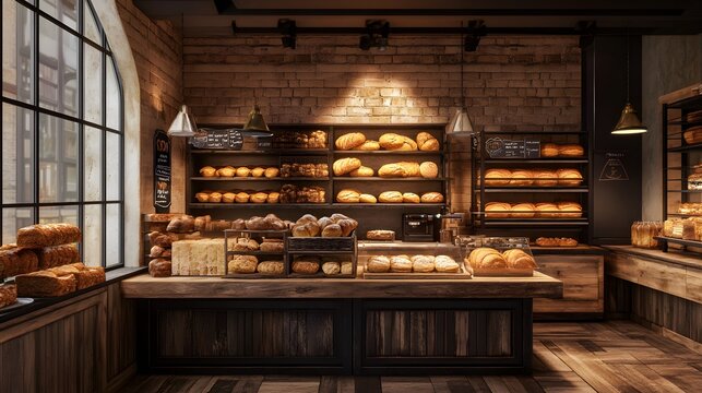 A bakery interior with 3D-rendered freshly baked organic bread and pastries on a rustic counter