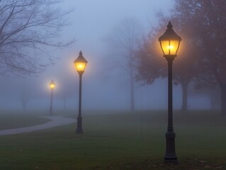 Mysterious fog envelops a serene park, illuminated by glowing street lamps that create a tranquil atmosphere.