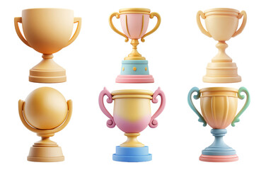 Various gold and silver trophies in classic styles isolated on transparent background