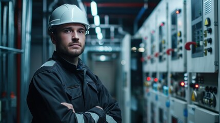 Electrician man in helmet and work clothes standing at power supply station. AI generated images