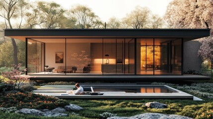Modern glass house surrounded by nature, featuring a serene outdoor space.