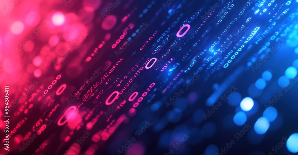 Poster abstract digital background with binary code and glowing lights