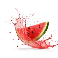 Falling on watermelon slice with watermelon juice splash isolated on a white background