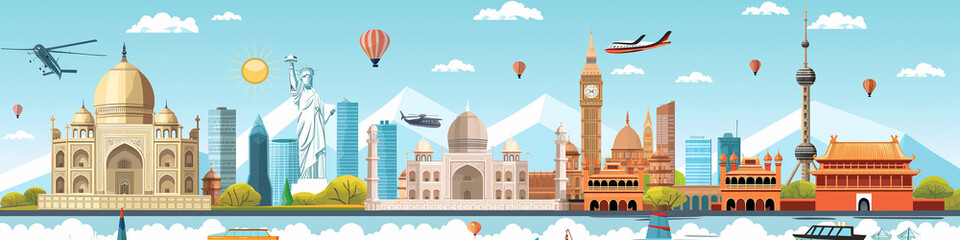 Fototapeta premium World Tourism Day celebration with iconic landmarks and transport symbols, capturing the spirit of global travel.