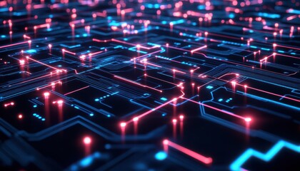 Obraz premium Stunning digital circuit board artwork with vibrant neon lights in blue and pink, representing advanced technology and innovation.