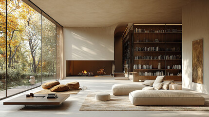 Modern minimalist living room with large windows, a fireplace, and a bookshelf.