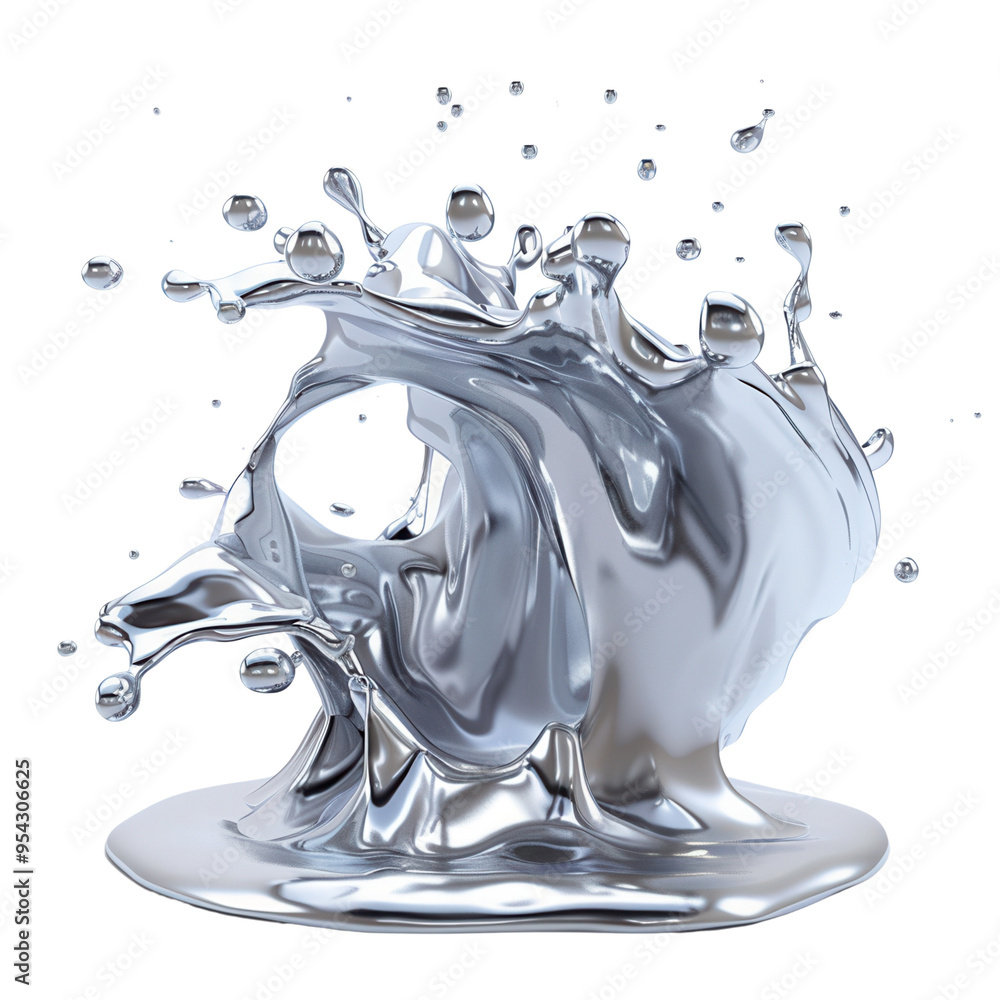 Poster dynamic splash of silver liquid captured in mid-air, showcasing fluid motion and reflective surface.