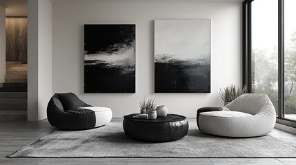 Two modern armchairs and a coffee table in a white and black living room with abstract paintings, a rug and a large window.
