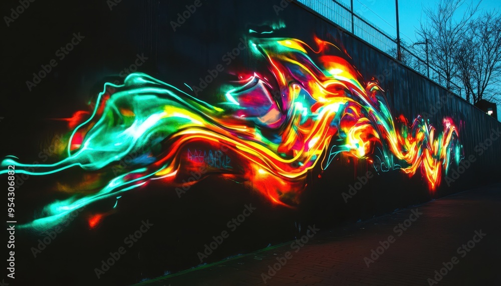 Poster vibrant abstract mural with colorful light trails illuminating a dark wall, creating a dynamic and e