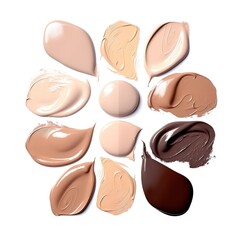 Fototapeta premium Foundation face make up samples. Set of cosmetic liquid foundation in different colour. Cream texture isolated on white background