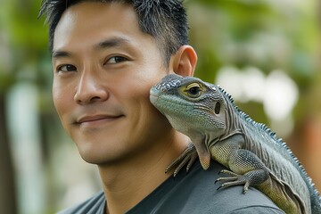 A man smiles with an iguana resting on his shoulder, showcasing a unique bond between humans and reptiles in a natural setting.