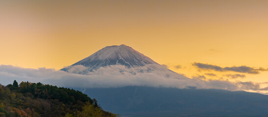 Mount Fuji at Lake Kawaguchi in the evening sunset. Mt Fujisan in Fujikawaguchiko, Yamanashi, Japan. Landmark for tourists attraction. Japan Travel, Destination, Vacation and Mount Fuji Day concept