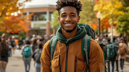 Fototapeta premium Young man in brown jacket smiling with backpack on campus.