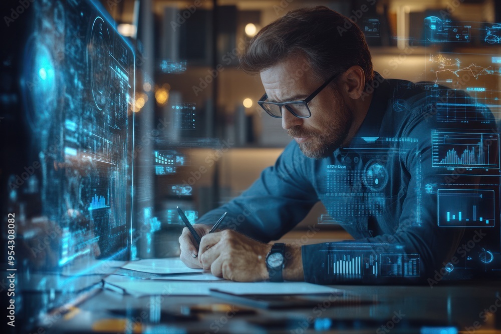 Poster man working with digital data and interface
