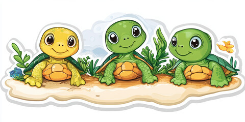 Obraz premium turtles cartoon turtles cute turtles colorful turtles baby turtles sea turtles kawaii turtles turtle illustration turtle characters turtle art friendly turtles animal cartoon beach scene 