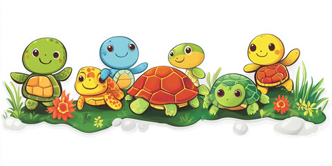Obraz premium turtle cartoon animal cute kids nature graphics illustration green playful friendly beach shell character colorful reptiles pond water fun sea 