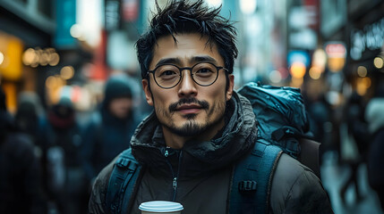Young man wearing glasses and a backpack, walking in a city with blurred background.