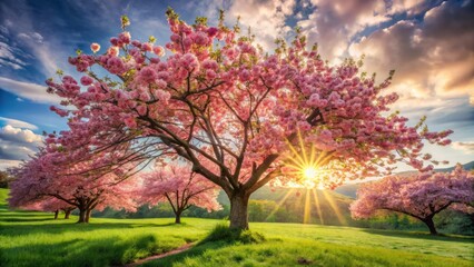 Vibrant cherry blossoms bloom amidst lush green leaves on a majestic tree, set against a soft focus background