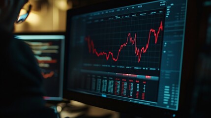 Close-up of a computer screen showing a detailed financial chart with fluctuating lines and data points